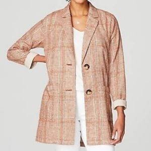 J. Jill Harper Henna Boyfried Linen Plaid Blazer Jacket Long Burgundy Pocket XS